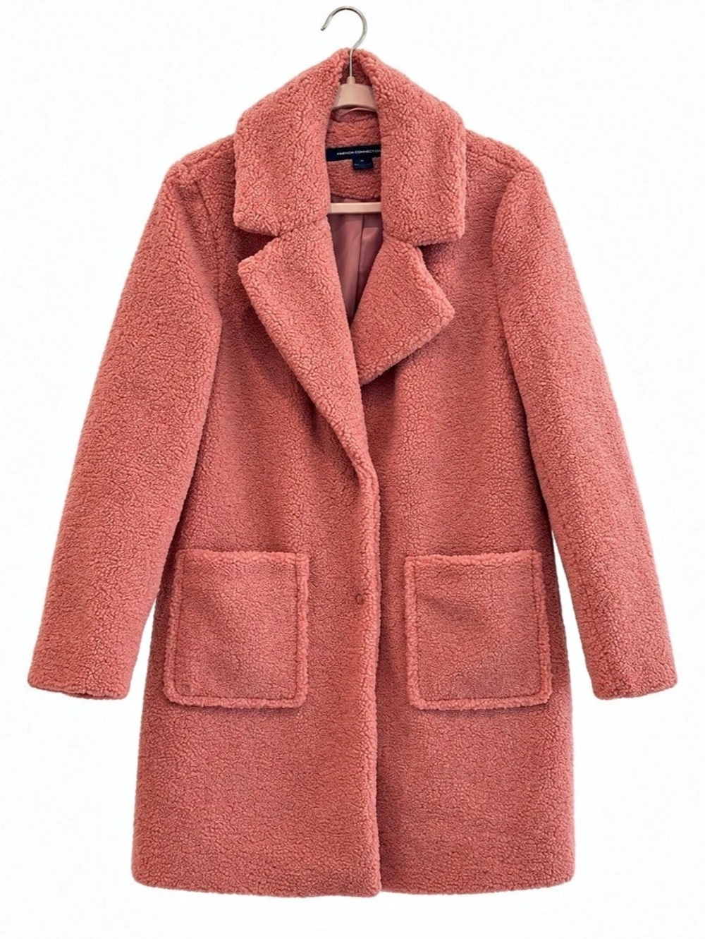 French Connection Teddy Coat M Coral Pink Faux Fur Sherpa Fully Lined